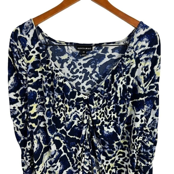 Fashion Bug Ruched Tunic Blouse 2X Stretchy Leopard Print Blue Neon Yellow White - Picture 9 of 12